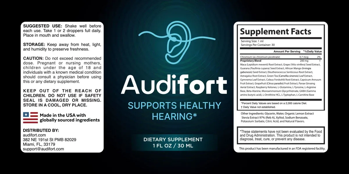 Audifort Supplement Facts label showing chromium and 200 mg proprietary blend