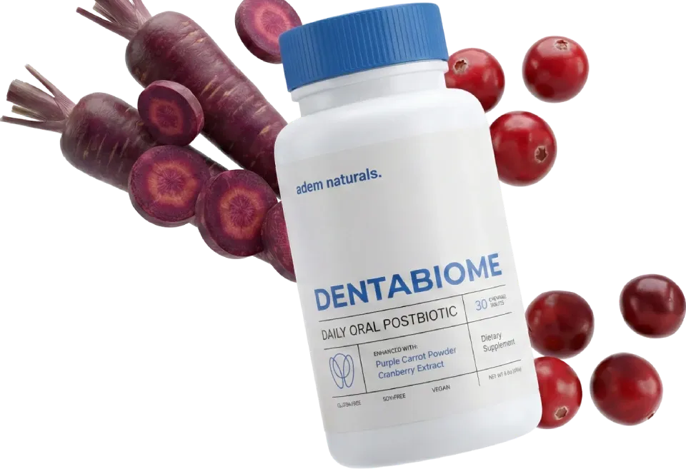 DentaBiome daily oral postbiotic supplement bottle with purple carrots and cranberries