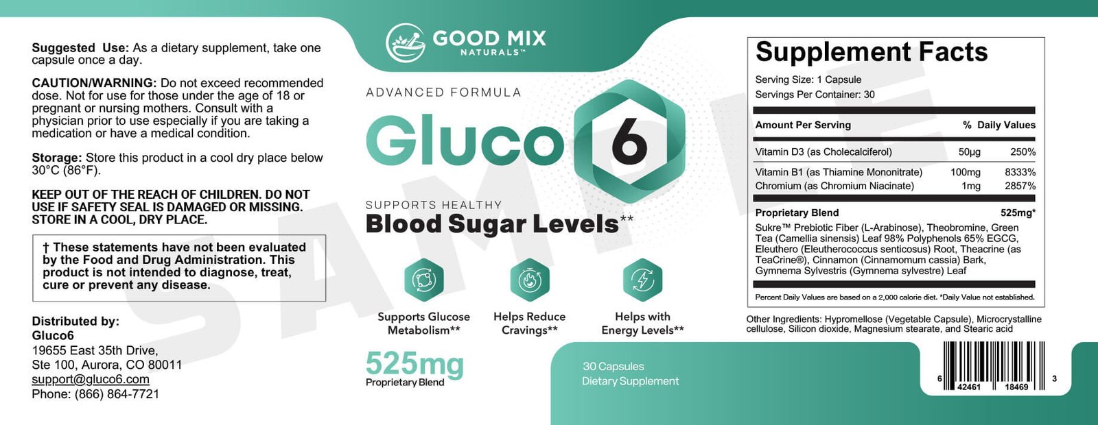 Gluco6 Supplement Facts label showing vitamin D3, vitamin B1, chromium and proprietary blend