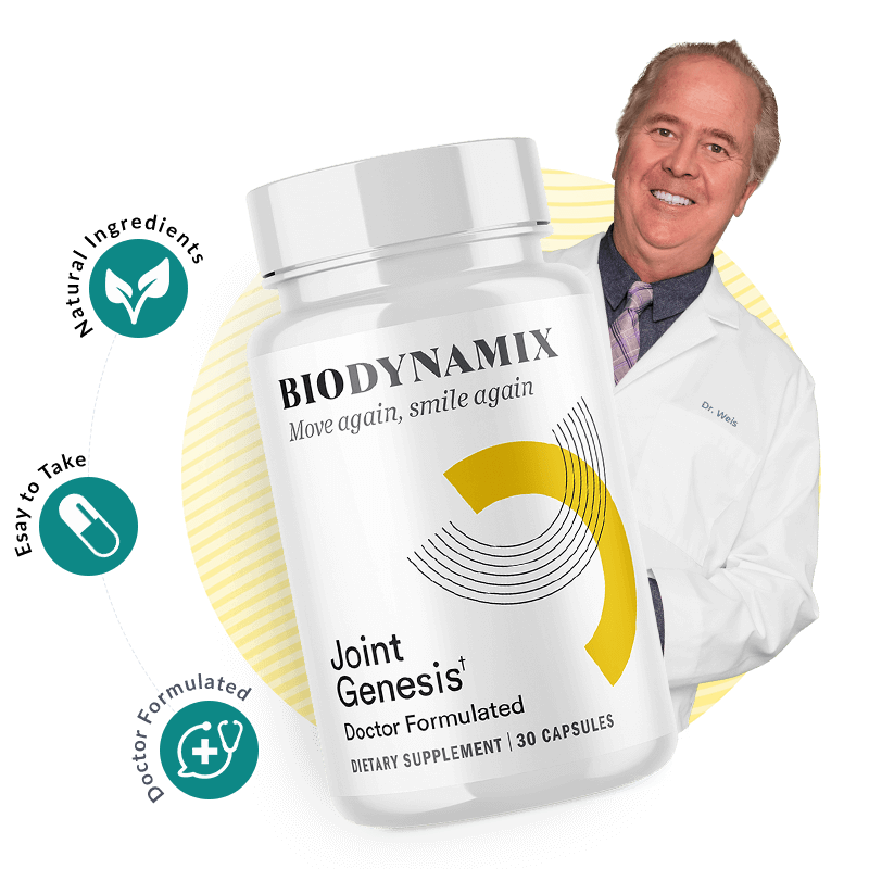 Joint Genesis by BioDynamix supplement bottle with yellow and charcoal label
