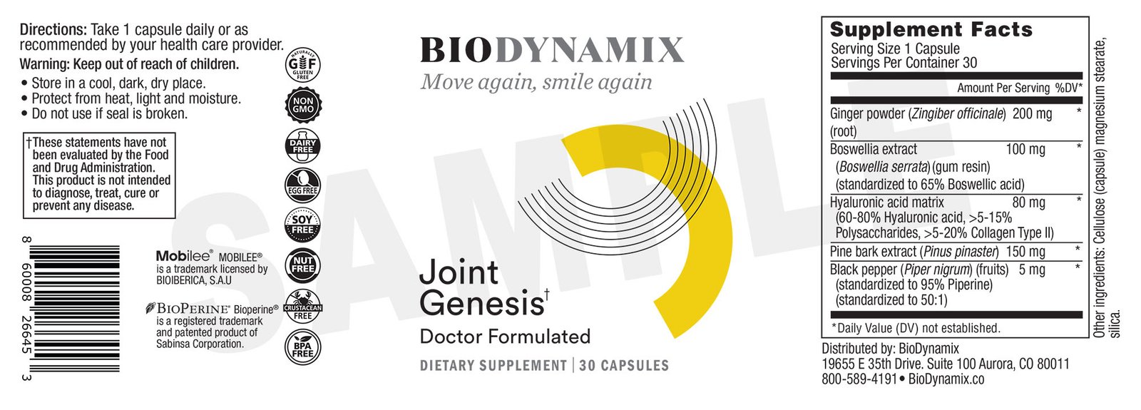 Joint Genesis supplement label and Supplement Facts panel showing listed ingredients and amounts