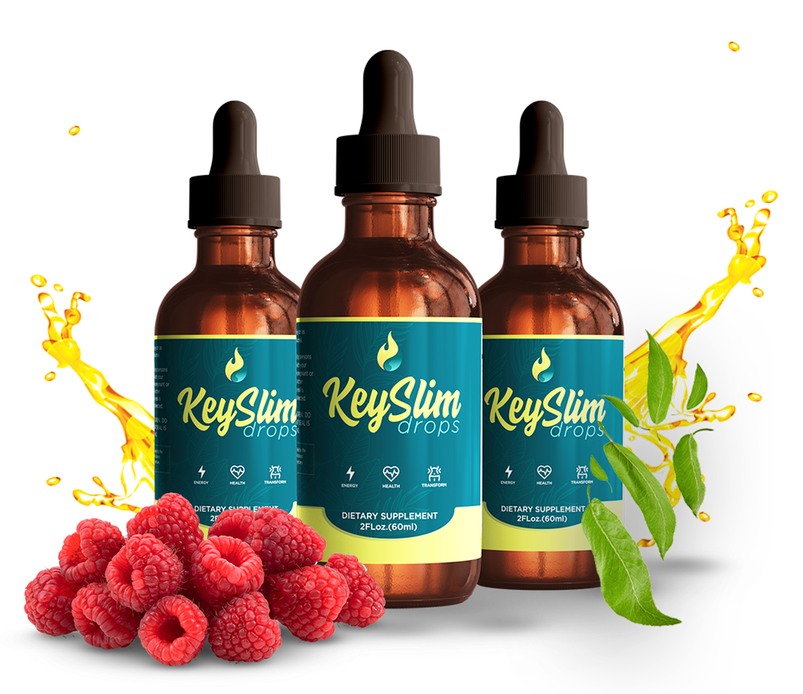 KeySlim Drops liquid supplement bottles with raspberry and botanical imagery