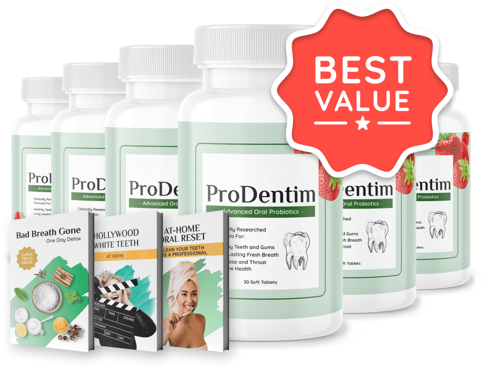ProDentim six-bottle package with bonus guides