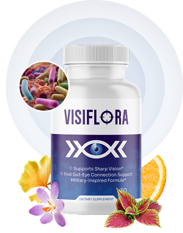 VisiFlora dietary supplement bottle with eye-health botanical imagery